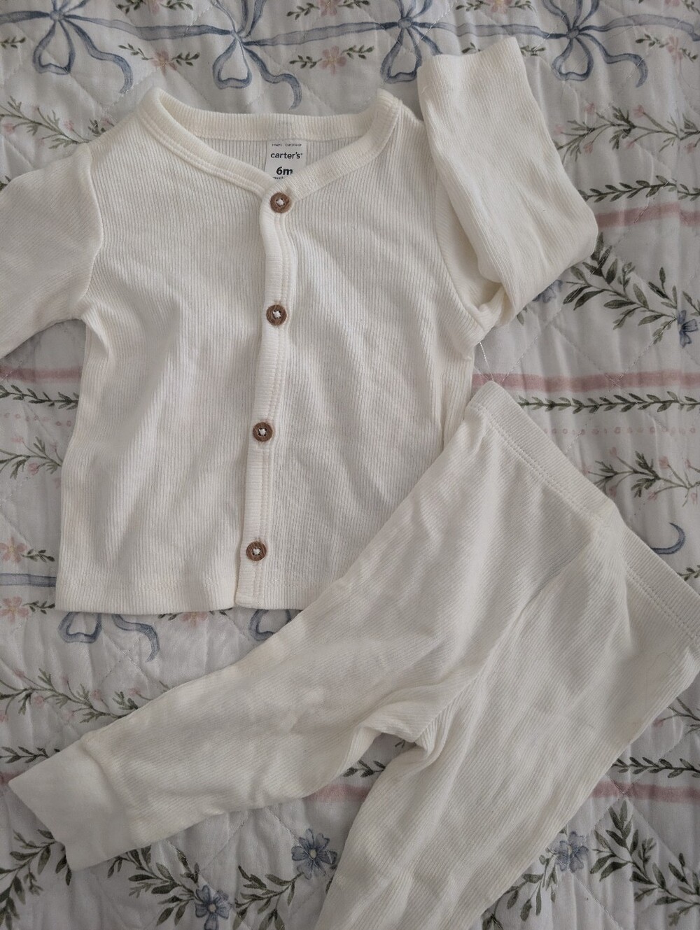 White Ribbed Cotton Kids Pajama Set - Long Sleeve Button Top & Pants